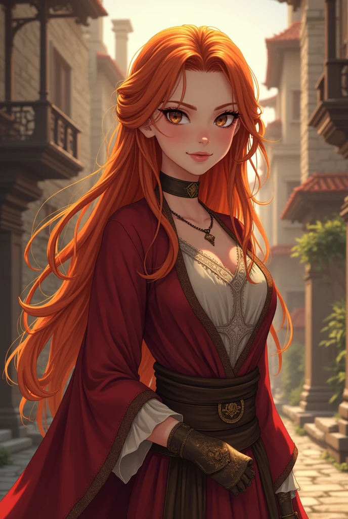 Long golden red hair, good looking, female mage, young woman, Antiquity, Antiquity Stadt im Hintergrund, Anime Style