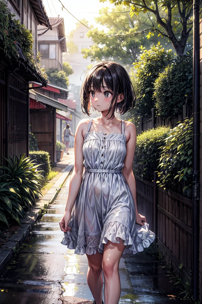 In a quiet, suburban street drenched in the soft afterglow of a recent rain, the camera is positioned at a low angle, capturing the scene from behind a young girl as she walks down the pathway. The shot is framed to emphasize the ethereal atmosphere created by the interplay of light and shadow. The girl's silhouette is central to the composition, bathed in warm sunlight filtering through the overhanging trees, which create a natural canopy above her.The scene is filled with a soft, golden hue, where the sunlight pierces through the dense leaves, casting dappled patterns on the wet pavement. Tiny droplets of water, suspended in mid-air, catch the light, appearing like glistening fireflies around the girl. Her posture is relaxed, her arms slightly swinging as she walks, her simple white dress swaying with her movements. The light breeze gently tousles her short hair, adding to the sense of serenity.Reflections of the girl and the surrounding greenery can be seen in the shallow puddles that still linger on the ground, enhancing the dreamy, almost surreal quality of the scene. In the background, out of focus, the urban elements of street poles and distant buildings are subtly suggested, hinting at the quiet neighborhood setting. The overall composition conveys a peaceful, nostalgic moment, capturing the fleeting beauty of a calm afternoon walk after the rain. UHD, 4K, HIGH QUALITY, QUALITY,