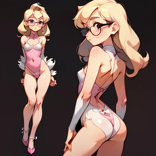 Ghost girl with a thin, sharp face with a flat nose, small eyes and asian features with glasses and Long blonde curly hair
Thin tomboy body type, with small chest, large hips and elegant thin arms and large legs with pronounced thighs
Pink
Dressed in transparent pin up Lingerie
(((character sheet))) ((various views)) ((front and back) (Face detail) (full body)