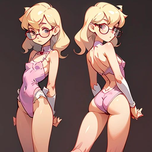 Ghost girl with a thin, sharp face with a flat nose, small eyes and asian features with glasses and Long blonde curly hair
Thin tomboy body type, with small chest, large hips and elegant thin arms and large legs with pronounced thighs
Pink
Dressed in transparent pin up Lingerie
(((character sheet))) ((various views)) ((front and back) (Face detail) (full body)