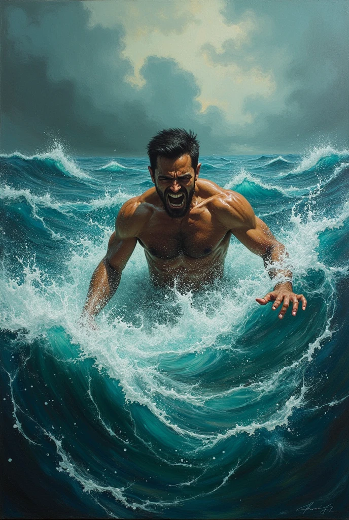 Create an artistic picture of a drowning man