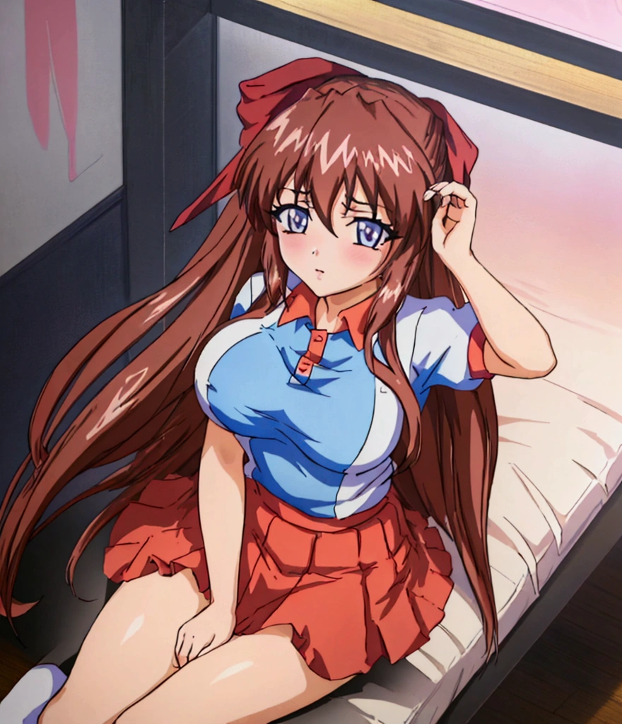 (Anime artwork, Anime Style, Studio Anime, Very detailed, up to date, Vibrant, Anime Coloring Book, High Contrast, masterpiece:1.2, Highest quality, Best aesthetics), (Beautiful and detailed eyes:1.2), Aoi Tennis, 1 girl, Hair Ribbon, Tennis uniform, Polo shirt, Raglan sleeves, Pleated skirt, Red Skirt, blush, Lips parted, liar, On the bed, Pink Good, Sitting,To the audience,, From above, Skirt Lift, No pants,White knee socks,Asymmetrical bangs, Perfect Proportions, Skin with attention to detail, cute, Detailed face,