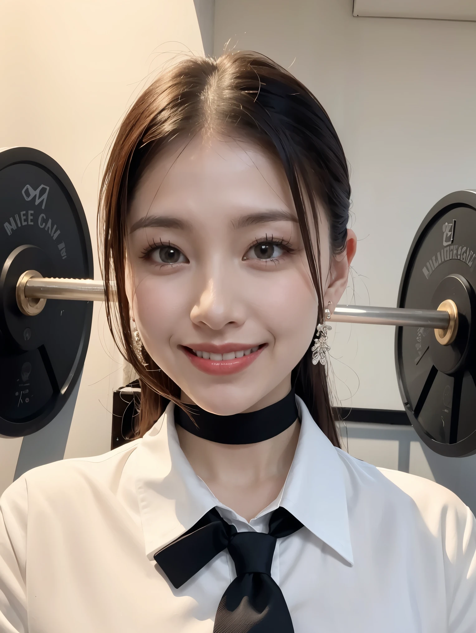 (masterpiece, Highest quality, inery aesthetic, Super detailed), Intricate details,
One girl, Kitagawa Marine, sono bisque doll wa koi wo suru, Blonde, Red eyes, ear piercing, Barbell Piercing, Black choker, Collared shirt, White shirt, Earrings, Blue tie, Grin, Raise your arms, in, looking at iniewer, Upper Body,