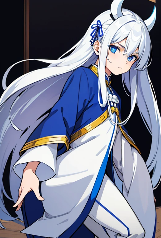 A young-looking man with long silver hair, blue-white horns on his head and piercing deep blue eyes. Dressed in a traditional-looking Chinese suit that was completely white.
