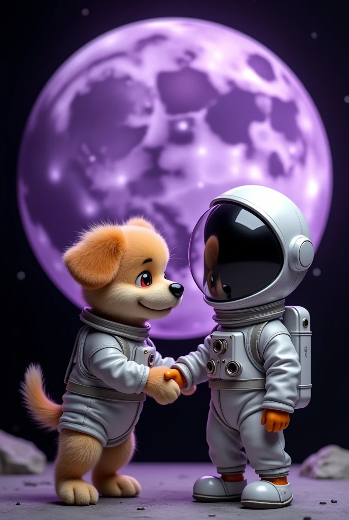 An adorable little dog wearing a shiny astronaut suit with a transparent helmet, shaking hands with Elon musk above a stylized purple moon. The moon has craters and textures, and the background is a deep black, creating a contrast that makes both the dog and the moon stand out. The dog has a cute, expressive face, with bright eyes visible through the helmet visor. The spacesuit has a metallic look with a connected pipe, and the image as a whole is designed in a whimsical, charming style.