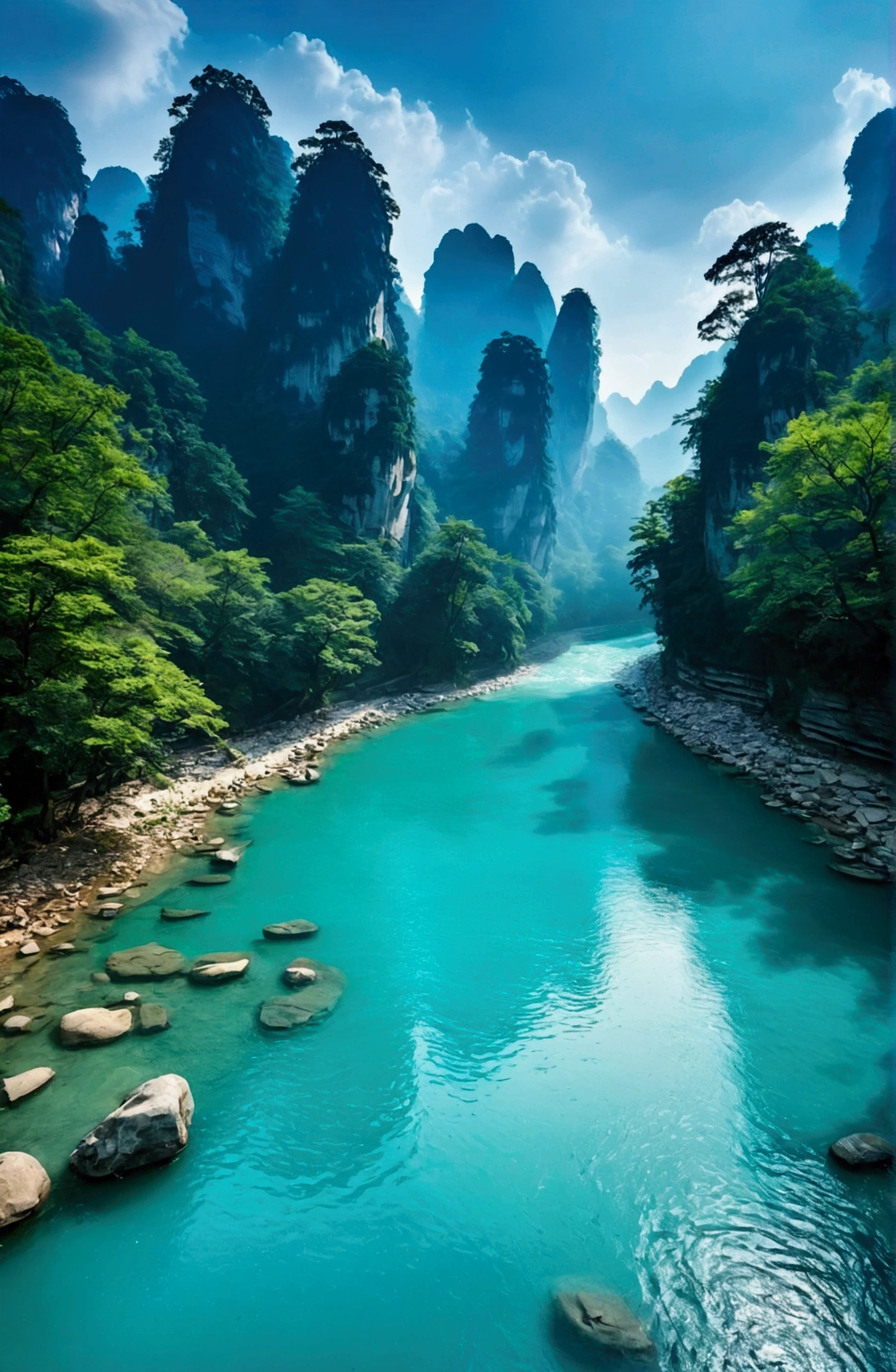 The stream water is turquoise and clear,Behind is the stone mountain of Zhangjiajie,Clouds and mist