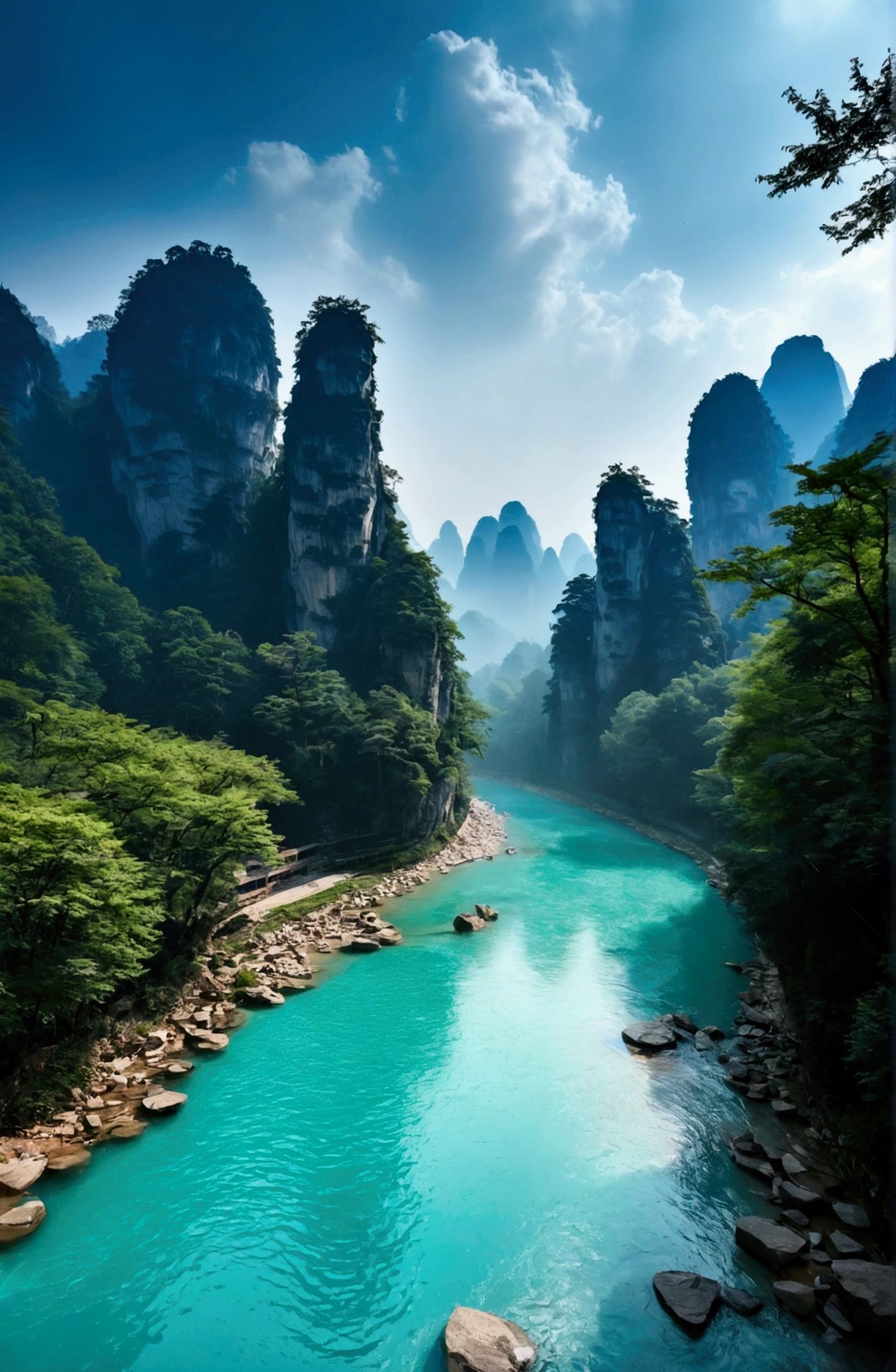 The stream water is turquoise and clear，Behind is the stone mountain of Zhangjiajie,Clouds and mist
