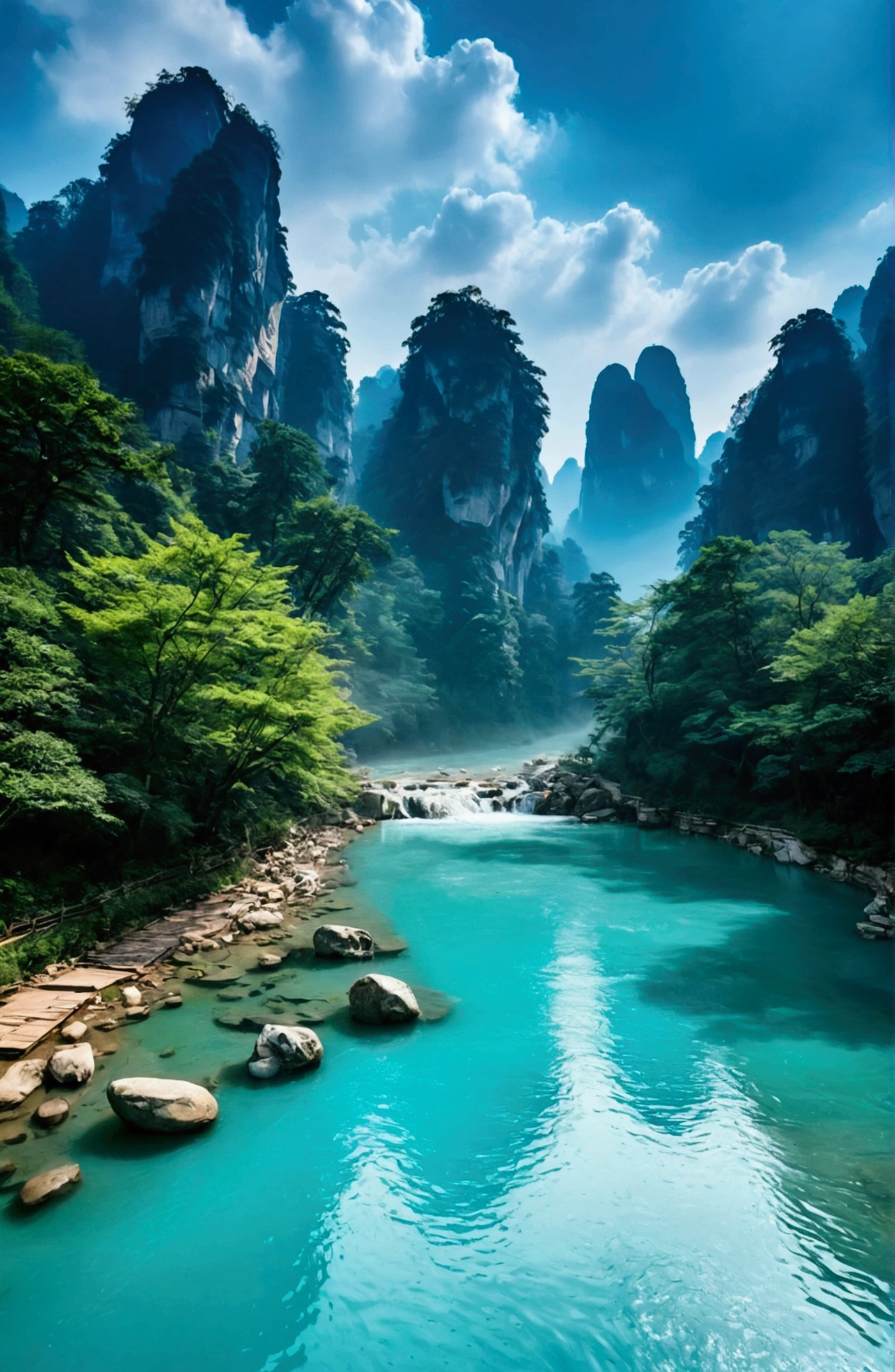 The stream water is turquoise and clear，Behind is the stone mountain of Zhangjiajie,Clouds and mist
