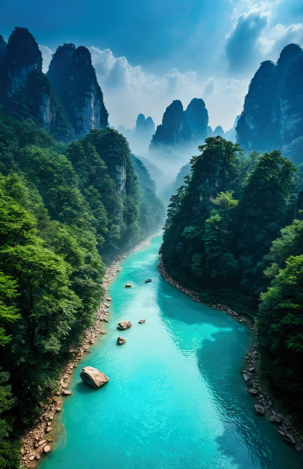 The stream water is turquoise and clear，Behind is the stone mountain of Zhangjiajie,Clouds and mist

