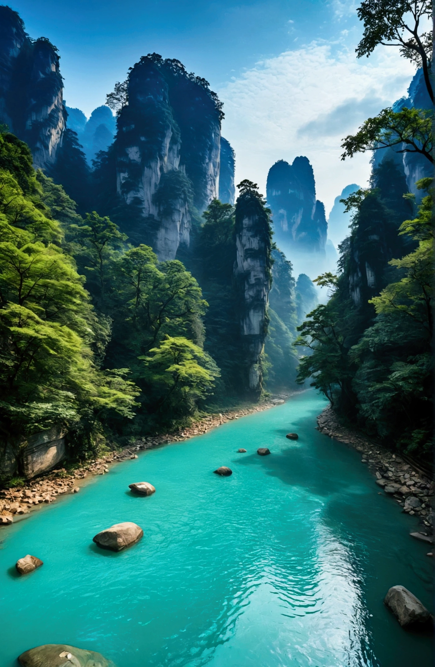 The stream water is turquoise and clear,Behind is the stone mountain of Zhangjiajie,Clouds and mist