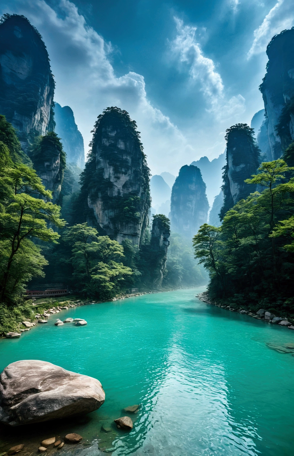 The stream water is turquoise and clear,Behind is the stone mountain of Zhangjiajie,Clouds and mist