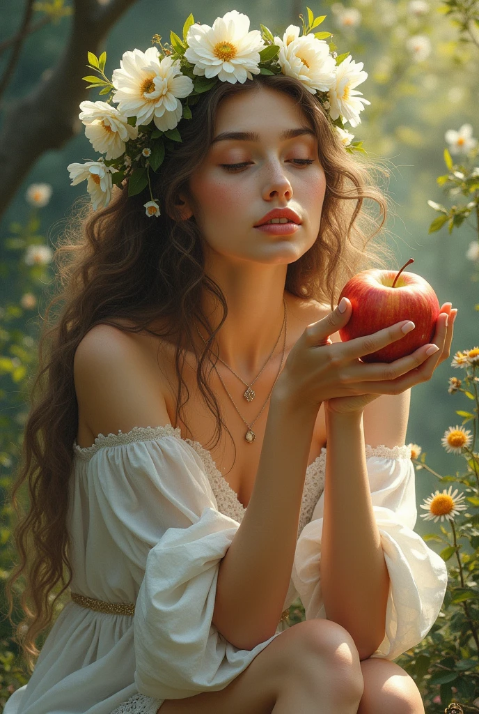 Create a work of art featuring a woman who embodies the essence of the Goddess. She sits gracefully on her knees, holding an apple. Her hair is adorned with white flowers,