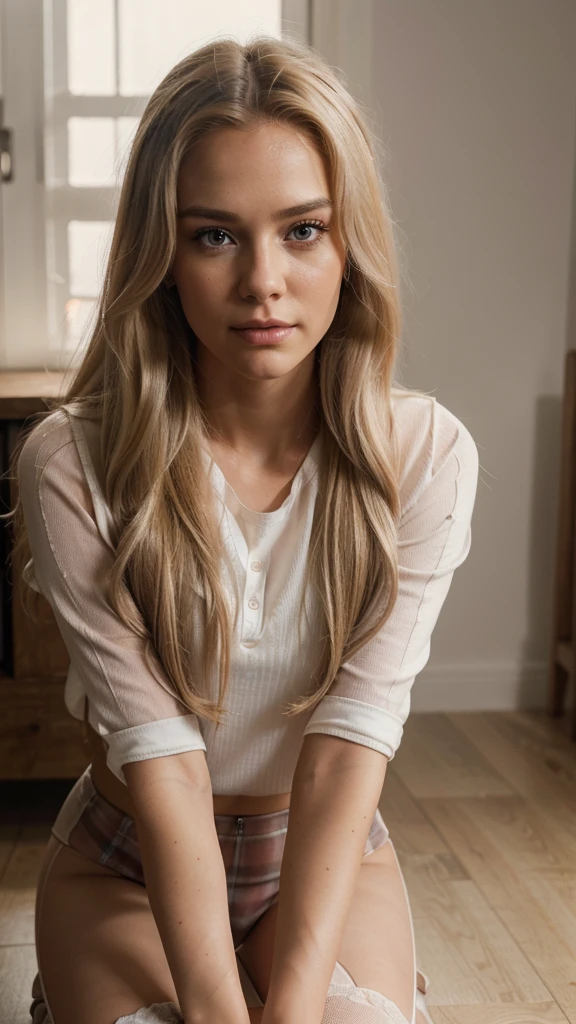 a beautiful woman with long blonde hair, pink streak, clear eyes, wearing beige booties, white leggings, red plaid shirt, bracelet, (best quality,4k,8k,highres,masterpiece:1.2),ultra-detailed,(realistic,photorealistic,photo-realistic:1.37),detailed facial features,detailed figure, detailed clothing, intricate makeup, beautiful lighting, cinematic composition, vibrant colors, dynamic pose