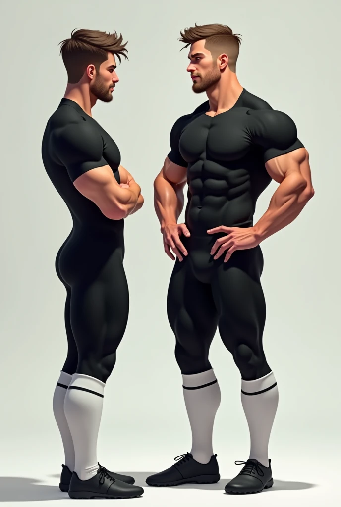 A hairless white guy in his early 20s with glasses wearing a black spandex suit that shows off a great muscular build with very muscular arms and super muscular legs., that they look aesthetic and proportionate and that these in turn are covered by white soccer socks that reach the thighs.
Being admired by a boy of his same age dressed the same as him but with a thin build.