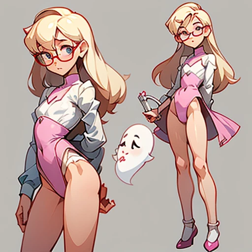 Ghost girl with a thin, sharp face with a flat nose, small eyes and asian features with glasses and Long blonde curly hair
Thin tomboy body type, with small chest, large hips and elegant thin arms and large legs with pronounced thighs
Pink
Dressed in transparent pin up underwear
(((character sheet))) ((various views)) ((front and back) (Face detail) (full body)