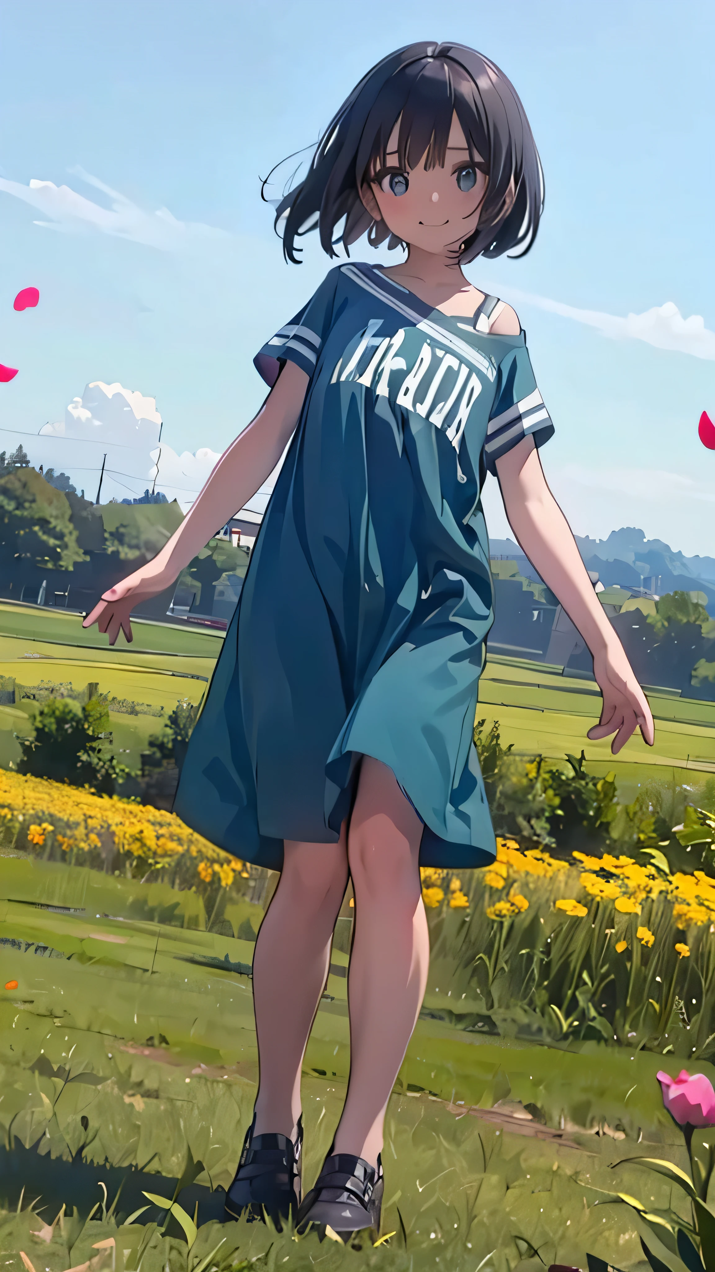 Official Art, wallpaper, Very detailed, (((Very detailed))), Realistic portraits, (high quality, masterpiece, High resolution), 8K UHD, high quality, There is a woman, surrounded by colorful flowers, Flower Field, female portrait, Beautiful young dark-haired woman, 4K, 8k, Background Blur, smile, 10 years old, Bob Cut Hair, Angle from below, Dynamic, Wide angle, Aperture value F1.2, Anatomically correct, Background blur, low angle , Full body photo, short stature , The wind is blowing, Dancing petals, horizon, dance, Bouncing, Western, prairie, open field