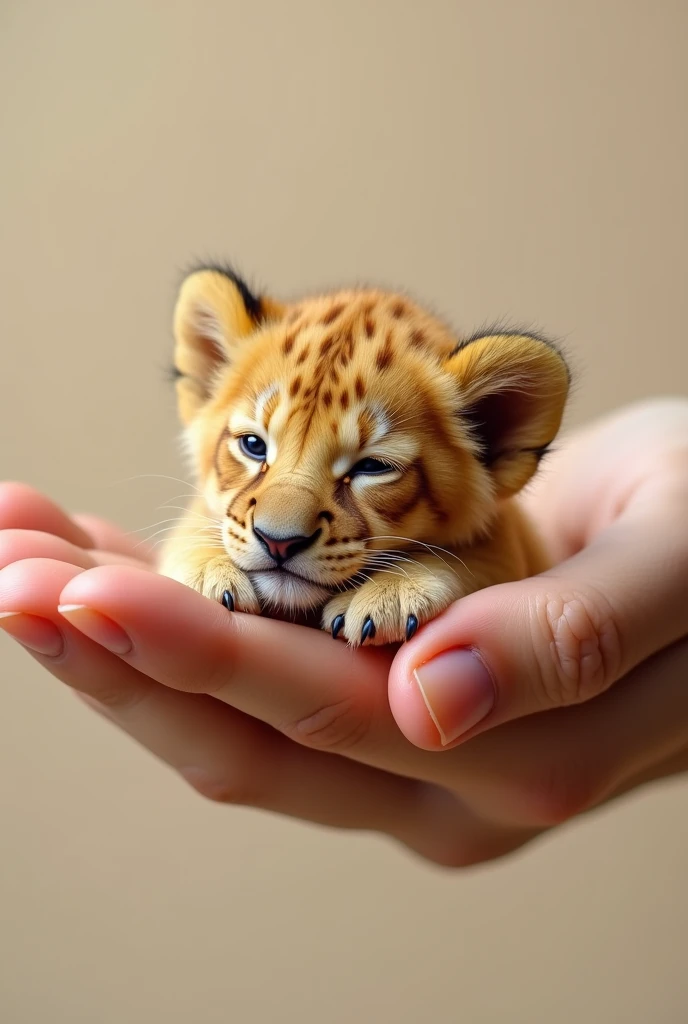 There is a small lion cub sitting in a person's hand, a miniature lion cub, a miniature animal, sitting on a finger, cute and cute, cute and cute, cute kitty, cute lion cub, the photo is very realistic,  Very small, beautiful lion picture, just a neat little thing, cute little nose, beautiful and cute, beautiful creature, pretty cute, very detailed photo.