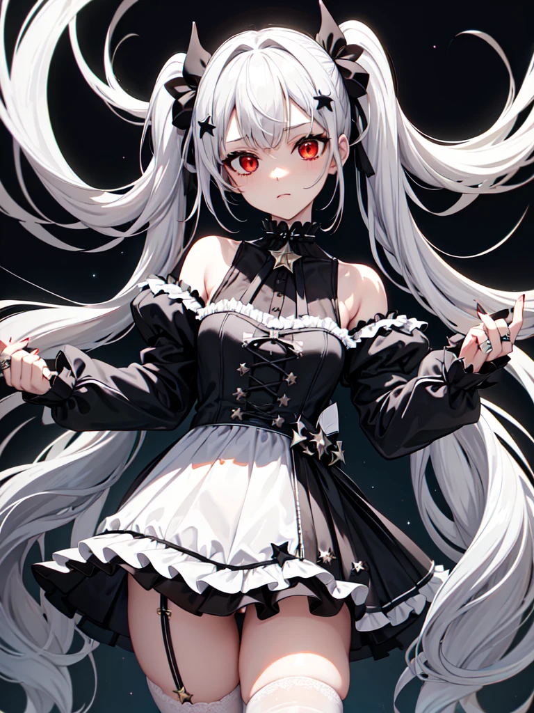 jfrsd, twintails, sidelocks, star hair ornament, twintails, sidelocks, star hair ornament, ring hair ornament, fake horns, choker, frills, white dress, black panties, short over long sleeves, fingerless black gloves, white thighhighs, silver hair, full body shot, black stockings, smug, red eyes,