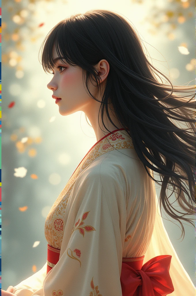 A girl with medium black hair thats flowing in the wind and red eyes, who wears a white and gold kimono with red paterns. Back veiw
