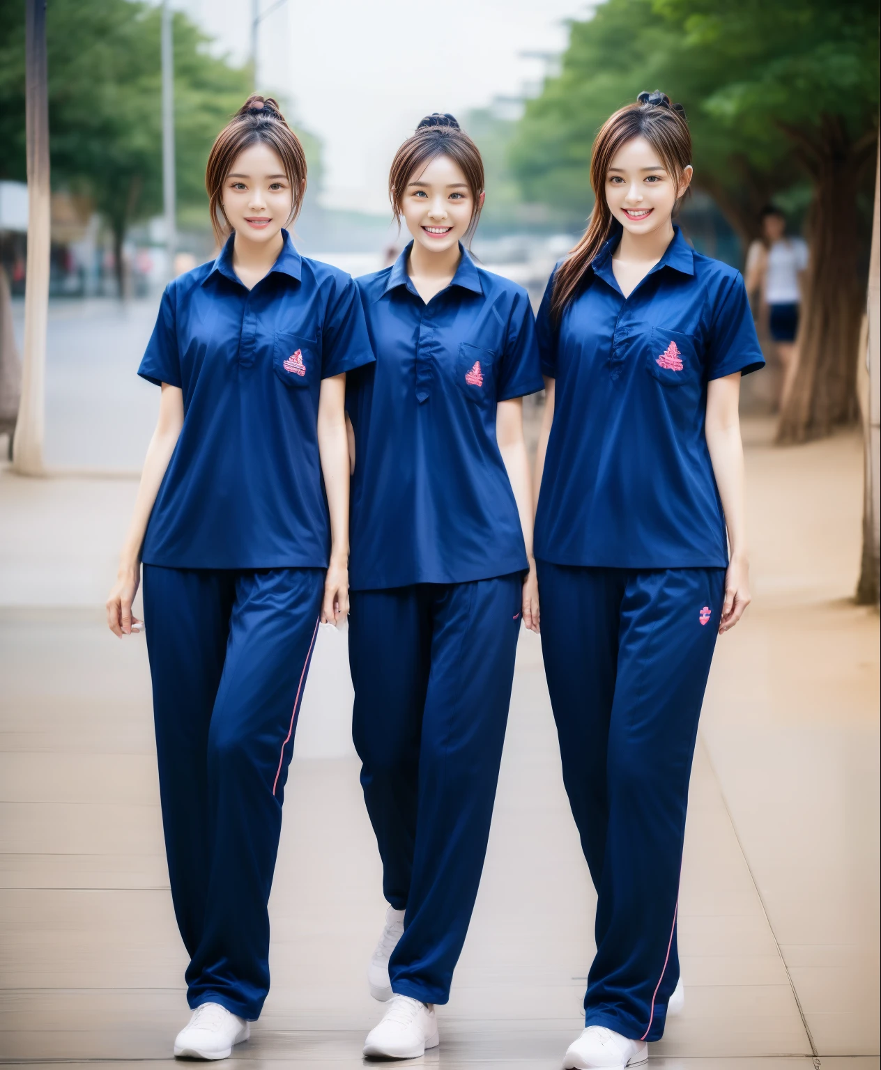 3 girls on beach, Navy blue short-sleeved shirt,Navy Long Trackpant,Sweatpants, Sweatpantsขายาว,25 year old girl, lesbian, sexy, exercise clothes, wet body, exercise clothes