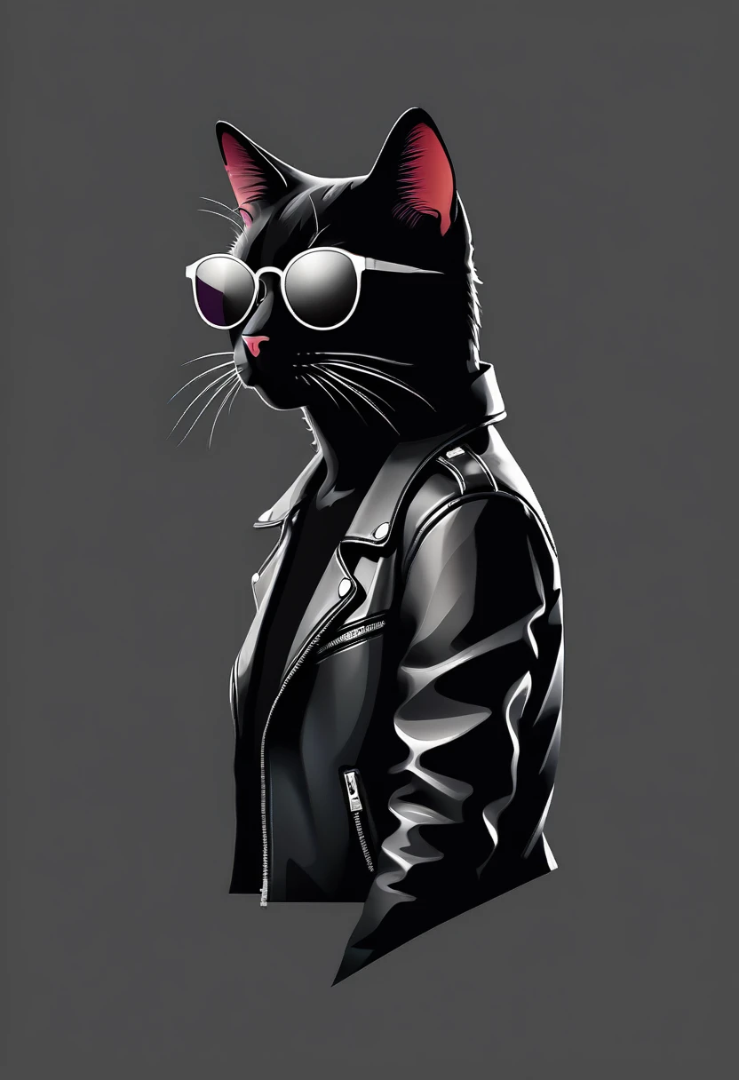   Perfect anatomy black cute cat wearing translucent sunglasses sideways and black leather jacket with cool expression (close up) Background abstract art flat style vector art, Flat vector art uses simplicity in vector art、Pure expression，

                     Highlight simplicity and clarity of form，Bring simplicity and modernity to your work. Vivid depiction. Perfect artistic design. Accurate and perfect anatomy.