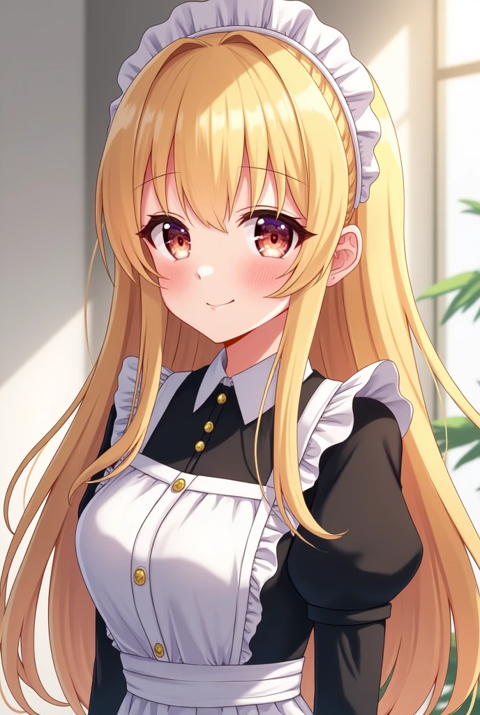 18 year old beautiful girl, big eyes, large breasts, and slender, 8K, top quality, (very detailed head: 1.0), (very detailed face: 1.0), (very detailed hair: 1.0), maid clothes, very detailed official artwork, anime moe art style, clean detailed anime art, smile, golden hair, smooth long hair