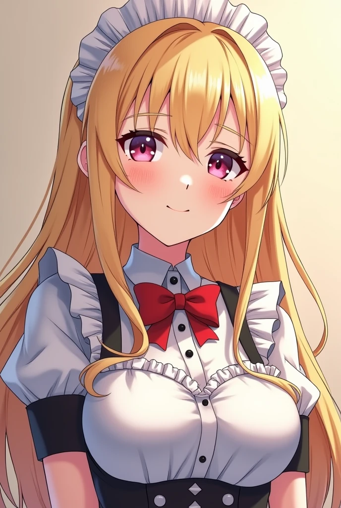 18 year old beautiful girl, big eyes, large breasts, and slender, 8K, top quality, (very detailed head: 1.0), (very detailed face: 1.0), (very detailed hair: 1.0), maid clothes, very detailed official artwork, anime moe art style, clean detailed anime art, smile, golden hair, smooth long hair