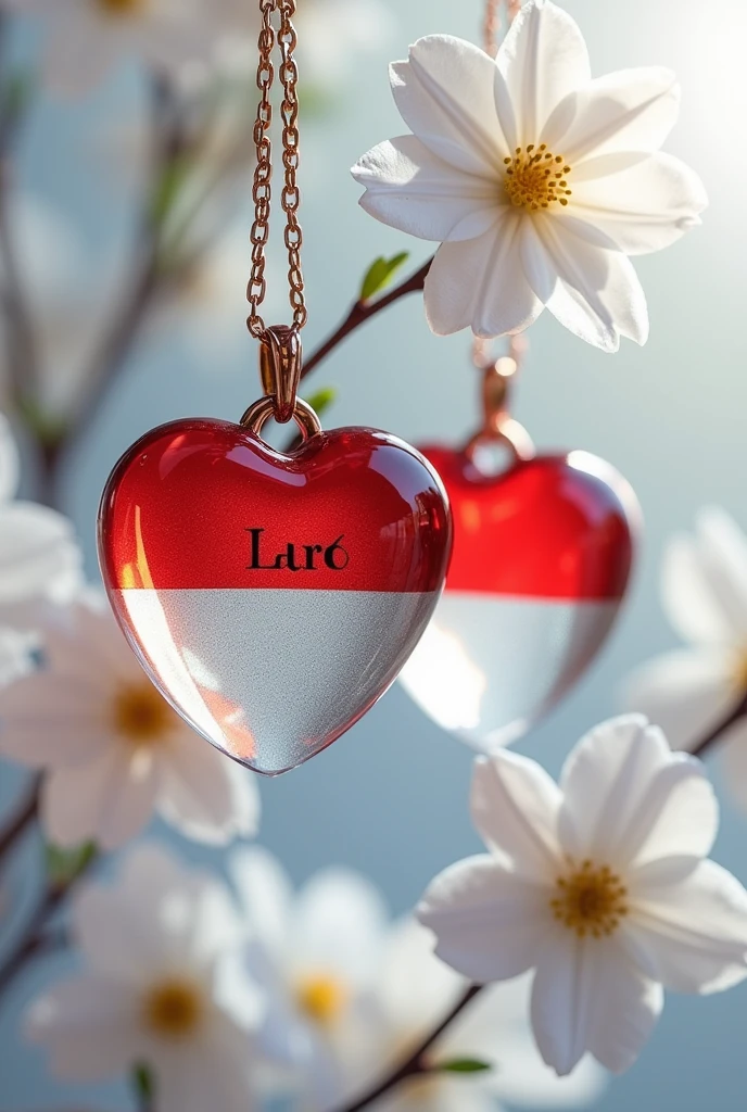 Delicate and sober heart-shaped
pendants with chain each in shiny
glass Indonesian flag, with the well-
written engraved names "Sutrisno" background with white
flowers HD, rendering 3d, fashion,
vibrant, photo.