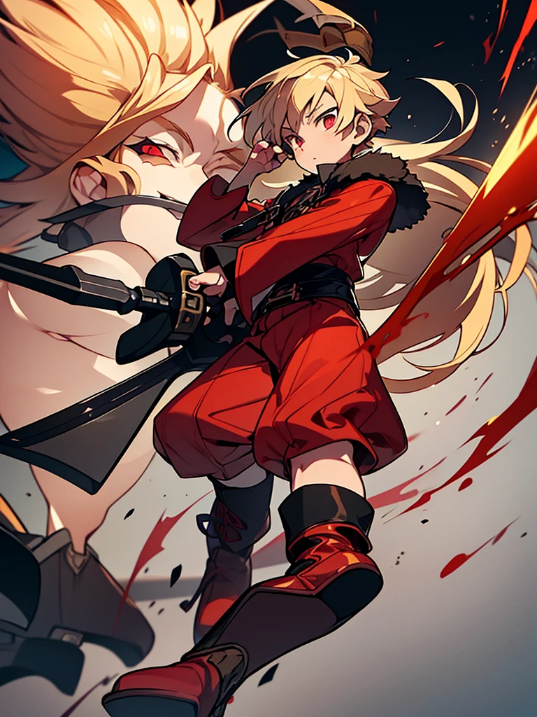 a young boy, childlike appearance, blond, with vibrant red eyes, he's low, a neutral expression, kinda lazy, wearing exotic clothes, having a gaucho style, kind of anime, being clothes a little bigger for his size, having big boots. He also has a type of weapon that resembles a barbecue skewer., but you can be creative with this weapon, he also has firepower