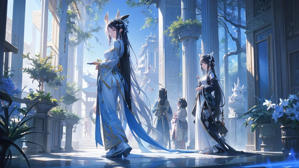 night,A vast expanse of silvery sand amidst the laurel trees,A beautiful and charming woman wearing gorgeous white ancient Chinese costume,Black long hair,Charming black eyes,Standing,and a white furry rabbit wearing blue ancient clothes,Rabbit carrying bamboo backpack,Standing,Surrounded by laurel trees,The sky is deep blue,Night Sky,