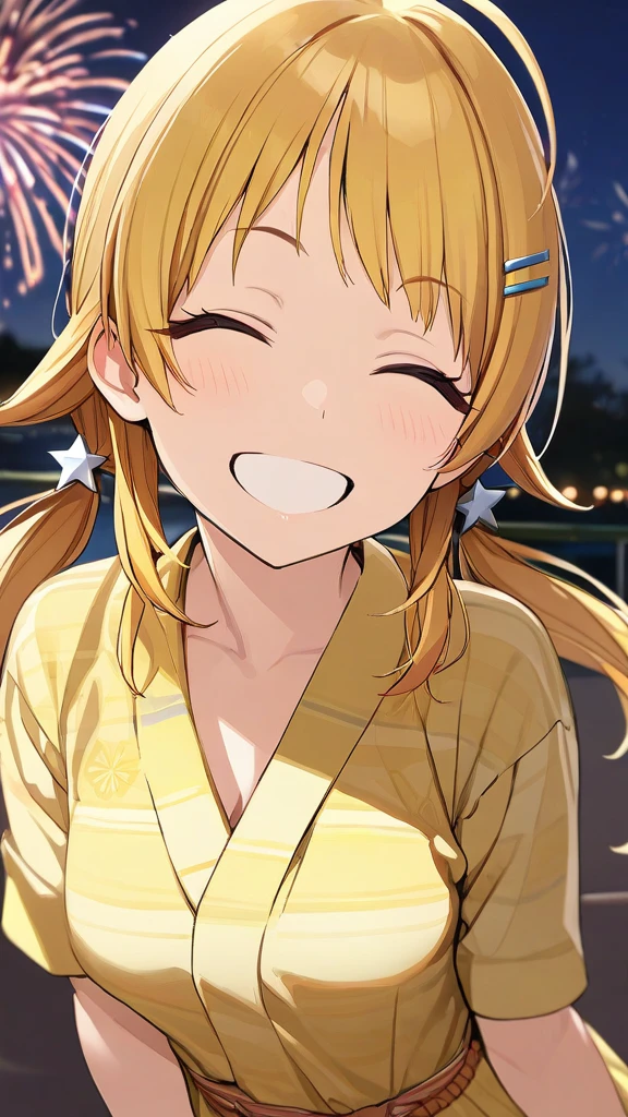 (masterpiece),(Highest quality),(Very detailed),(Best illustrations),(Best Shadow),(Absurd),(Detailed Background),(so beautiful),  Hachimiya Meguru, One girl, Blonde, alone, hair ornaments, smile, chest, Twin tails, Hair Clip, Long Hair, Yellow yukata, night, firework, Closed eyes, Smiling with teeth showing, Background blur, 