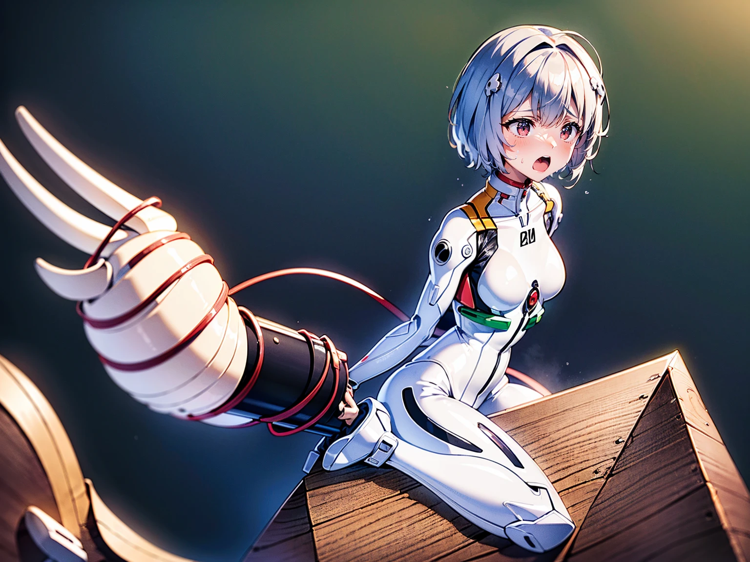 ((Highest quality, 8k wallpaper)),(masterpiece, Highest quality),Very detailed,High resolution,(Official Art:1.3),(((Anime screenshots,Black outline))),One girl,alone, Break mer1,(Rei Ayanami {neon genesis evangelion,}1.2),masterpiece, best quality, outdoor, 1girl, Solo,red eyes,short hair,blue hair, (White plug suit, skintight:1.4), (Mass sweat:1.6),(wince, ache, surprised, crying shout, Pain, Cry, tears, fear, forced orgasm,close one eye:1.7), (((Straddle the wooden horse, wooden horse between inner thigh:1.8))), (arms behind backs, Bondage, gag, rope,shibari over clothes,rope,bound:1.4),(trembling effect motion lines with sexual climax,vomiting cum, tears:1.5),