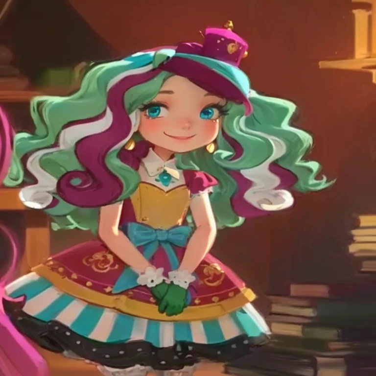 green-blue, pink and light blue curly hair, teacup hat on her head, spoon earrings on her ear, blue eyes, blue gloves, yellow, pink, blue, green, black and white dress, white polka dot stockings, she is smiling