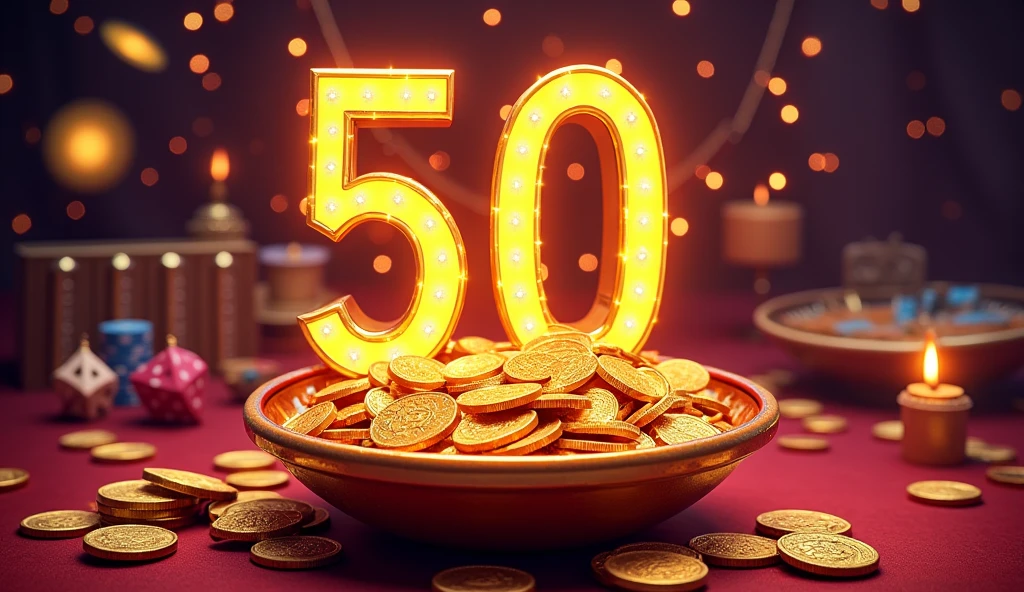 Show Title: sign-up Bonus 50INR, casino games background, casino website promotion, diwali crakers, coins,