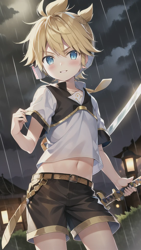  boy, Kagamine Len, cute, cowboy shot, over small crop top, shorts, necktie, earphone, parted lips, light blush, holding a medieval style sword in a rainy dark night, confidently smiling, serious