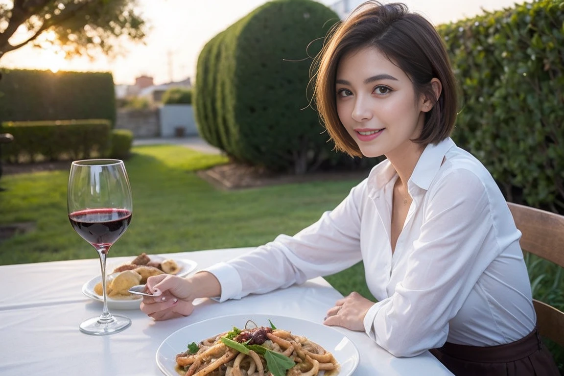 (Realistic:1.1),(masterpiece,Highest quality),8k,(49 years old), 53 years old, ベリーslimボディ、slimカップル、Tight waist,Upper Body,full-course dinner、wine 、Amazing view of the sunset sky and clouds、Perfect Anatomy, Brown Hair, short hair,Random Hairstyles,((Highly detailed face and eyes:1.2)),Perfect golden ratio face,Long sleeve shirt、dress,(smile:1.2)、Shortcuts、cute、(Realistic, Intricate details:1.2), A bright smile、short hair,Bright Face、赤wine 、Appetizers、Italian food、wine bottle、Champagne、スパークリングwine、(slimな顔), (The body is slim), (Brown Hair), (Shortcuts), Upper Body, 白wine, slim, wineグラス,