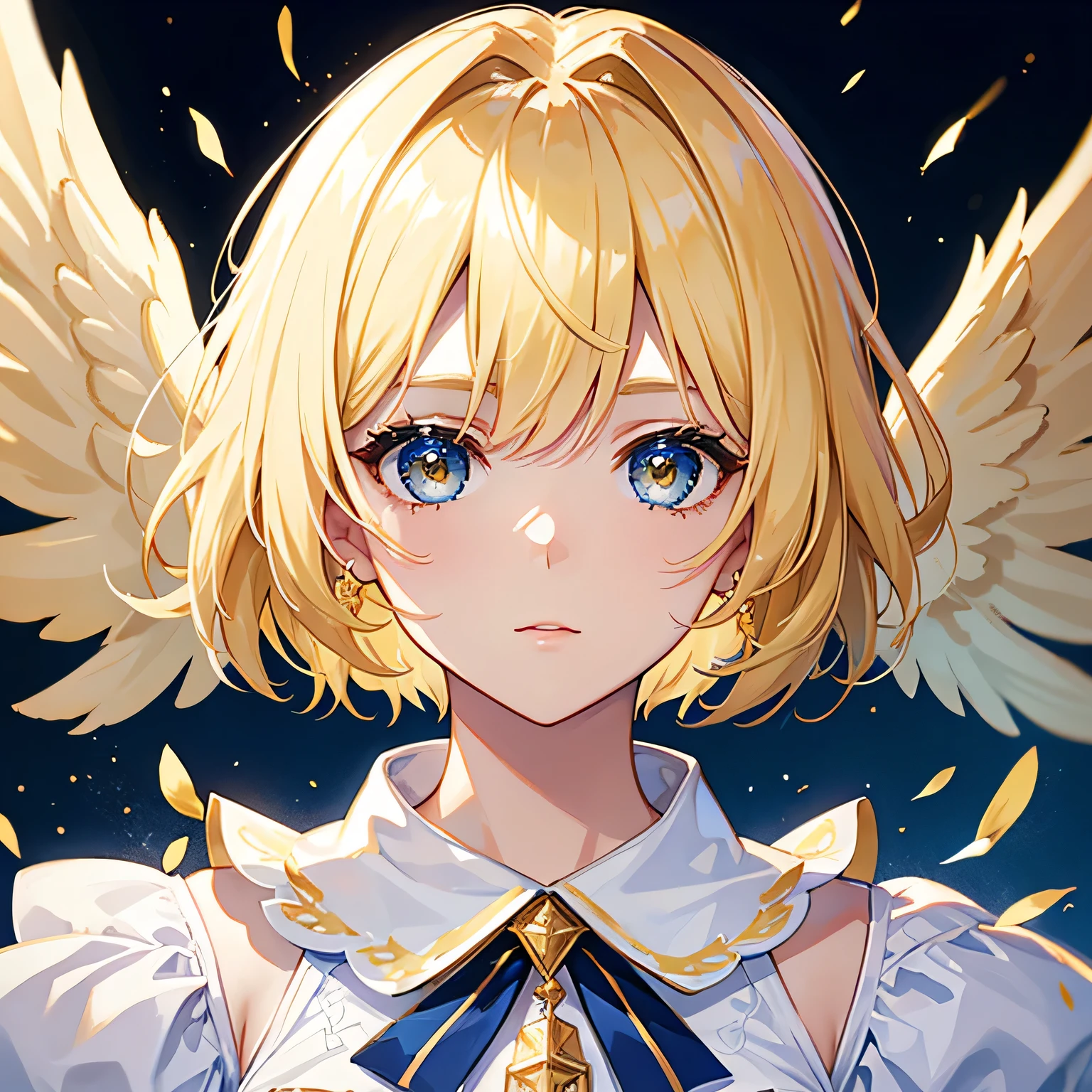 Detailed white and gold angel dress collar、short hair、Face close-up、True Face、Battle attire、Blonde