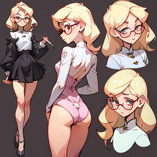Ghost  girl with a thin, sharp face with a flat nose, small eyes and asian features with glasses and Long blonde curly hair 

Thin tomboy body type, with small chest, large hips and elegant thin arms and large legs with pronounced thighs 

Pink 

Dressed in transparent pin up underwear

(((character sheet))) ((various views)) ((front and back) (Face detail) (full body)