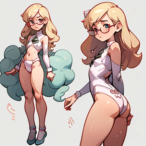 Ghost girl with a thin, sharp face with a flat nose, small eyes and asian features with glasses and Long blonde curly hair
Thin tomboy body type, with small chest, large hips and elegant thin arms and large legs with pronounced thighs
Pink
Dressed in transparent pin up underwear
(((character sheet))) ((various views)) ((front and back) (Face detail) (full body)