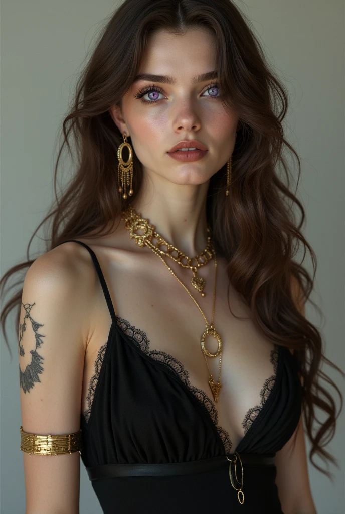 Brown hair, fair skin, one purple one black eye, wearing a black dress, it’s mostly covered expect on her wait, clevedge, and arms. She has long lashes, scars on her arms and thighs (she’s insecure about them) she has gold jewelry on her ears, neck, nose, wrist, ankles, boobs. 