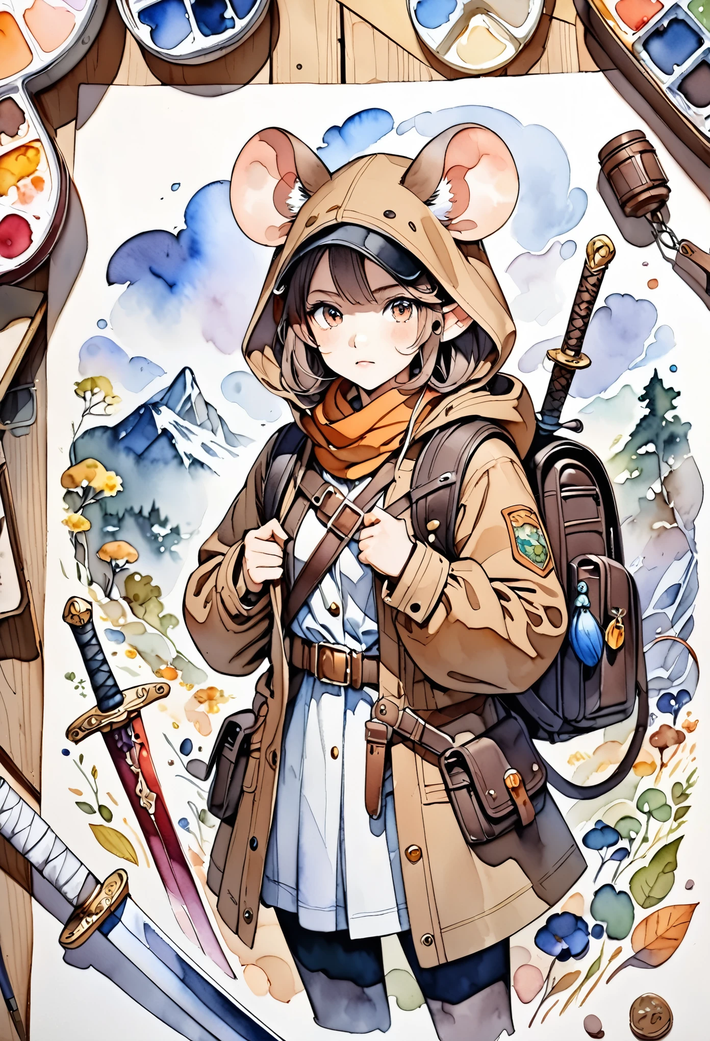 ((good quality), (many details), (masterpiece), Mouse as ranger with sword, Brown hooded coat, backpack, Big ears, Female, Watercolor illustration