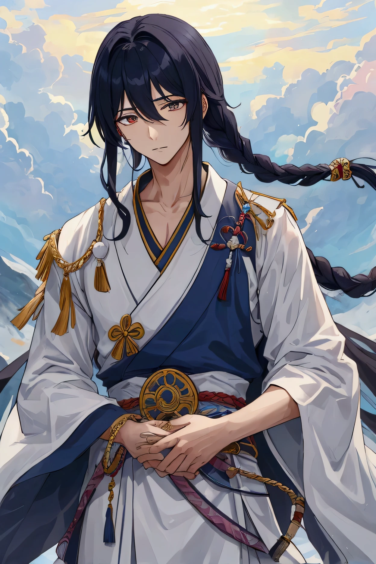 Yuuto Nánfēng is a young human male who stands at a height of 4'11. He is a young man of relatively short stature. Nonetheless, he possesses a lithe, well-built frame, which, while not overly muscular, has all the effortless grace and wiry strength of a powerful feline. Like most members of his clan, his gait is even, supple, and gliding, conveying an intimidating presence. However, he seems slightly more tense and uncontrolled than older, more experienced members, indicating his power is still unrefined or immature. His skin is blessed with a rich, bronze complexion akin to a radiant night sky. It showcases a subtle, soft glow in sunlight that accentuates his smooth features.
His eyes are breathtaking, with golden rays radiating outward from Yuuto's slit cat-like pupils, like sunlight piercing through dense clouds. Against a backdrop of deep gray Yet, there's an added warmth to them, a hint of softness that adds depth to his stern gaze. It's as if they're dual-natured, capable of the calm of a serene lake and the fury of a tumultuous storm.
Yuuto’s hair carries his parents’ unique traits, creating a captivating blend of their features. The color is a striking shade of deep indigo and vibrant deep purple that shines in the light. Yuuto’s hair is kept long, similar to his brother, whom he looks up to, though his cascades down further.
Two sections of hair are neatly braided along his back, and around each of his braids, he often winds a strip of finely woven fabric, passed down from his grandfather, to secure them. On the end of each braid is a set of tassels, typically made from soft, supple leather or silk. These meticulously styled braids add a touch of flair. The rest of his hair, unbound and free, softly frames his face, providing a wild contrast to the disciplined braids – a fitting mirror to his dual heritage.