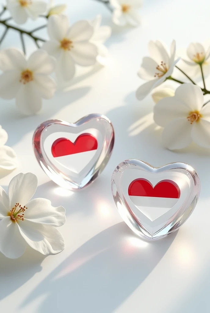 Delicate and sober heart-shaped
pendants with chain each in shiny
glass Indonesian flag, with the well-
written engraved names "Abdul Kodir Jailani" background with white
flowers HD, rendering 3d, fashion,
vibrant, photo.
