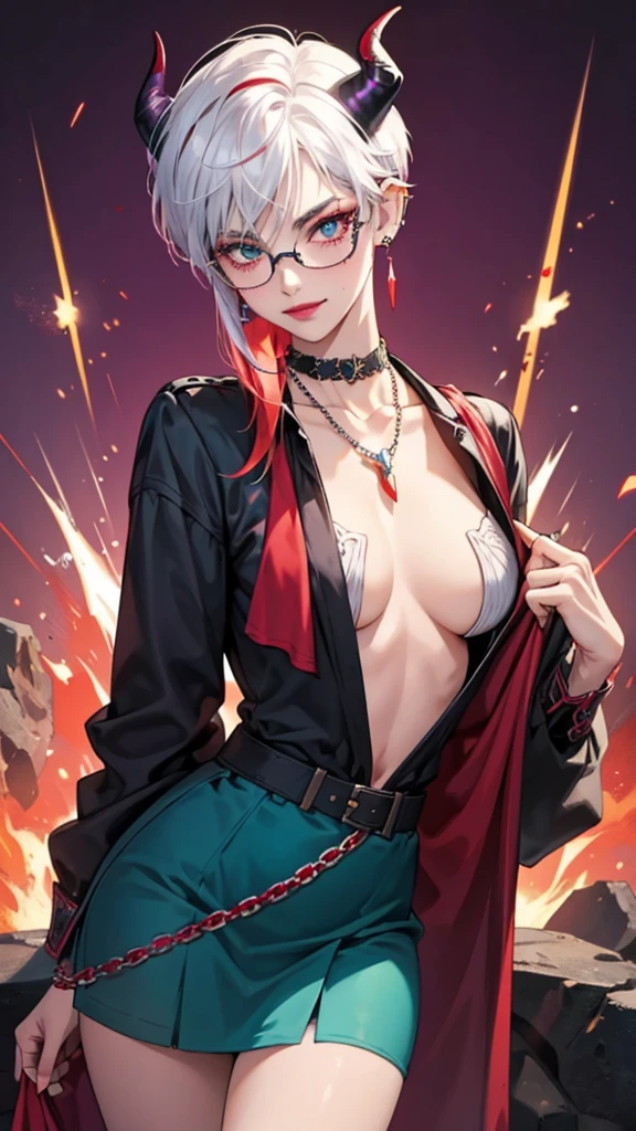 8k, masterpiece, best quality, highly detailed, 1 girl, tiefling, warlock, pixie cut, multicolored hair, very short straight hair red highlight hair on white hair, strippled hair, wearing glasses, round glasses, earrings, navel piercing, red eyeshadow, long eyelashes, blushed cheek, red lips, pearl necklace, rings, collarbone, mole on face, glamorous, teal and purple clothes, miniskirt, smirk, close up view, rings, looking at viewer, demon horns, solo, blood red moon, standing, royal dress, chains, firing fire blast