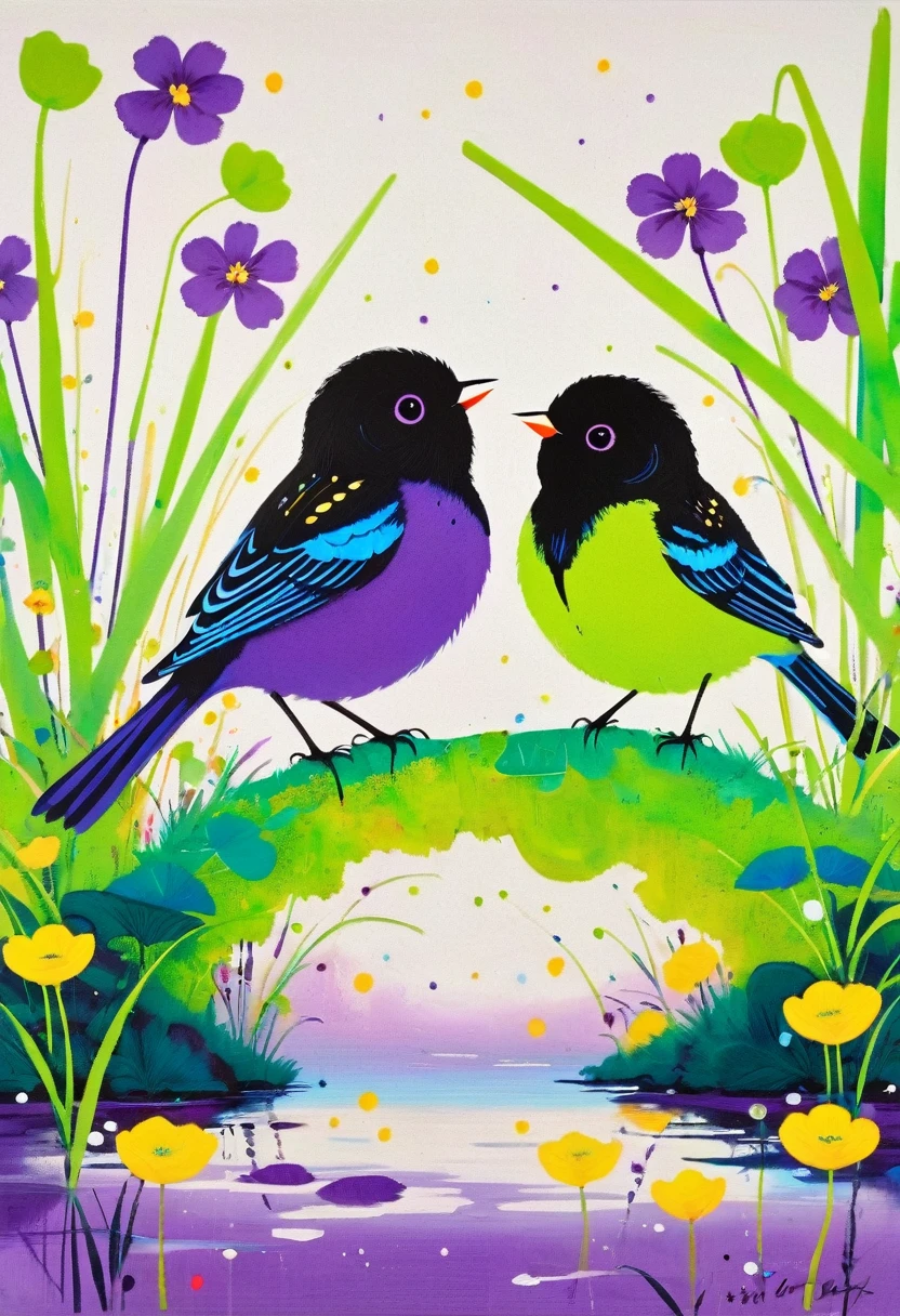 A painting:(((Colorful black,Oil stick painting,Volume,Thick coating,Uneven texture,Plaster texture,Graffiti)))。Colorful black,A small bird rests on the water grass, Bright colors的鸟, Purple和, cute的, Bright colors,cute, Lavender Color and Color Schemes, 和Purple的配色方案, Mysterious Birds, Beautiful Art, Purple, Whimsical Art, 和Purple色调, Lime and Violet, Close together,, spring, Inspired by Tomokazu Matsuyama, Delightful