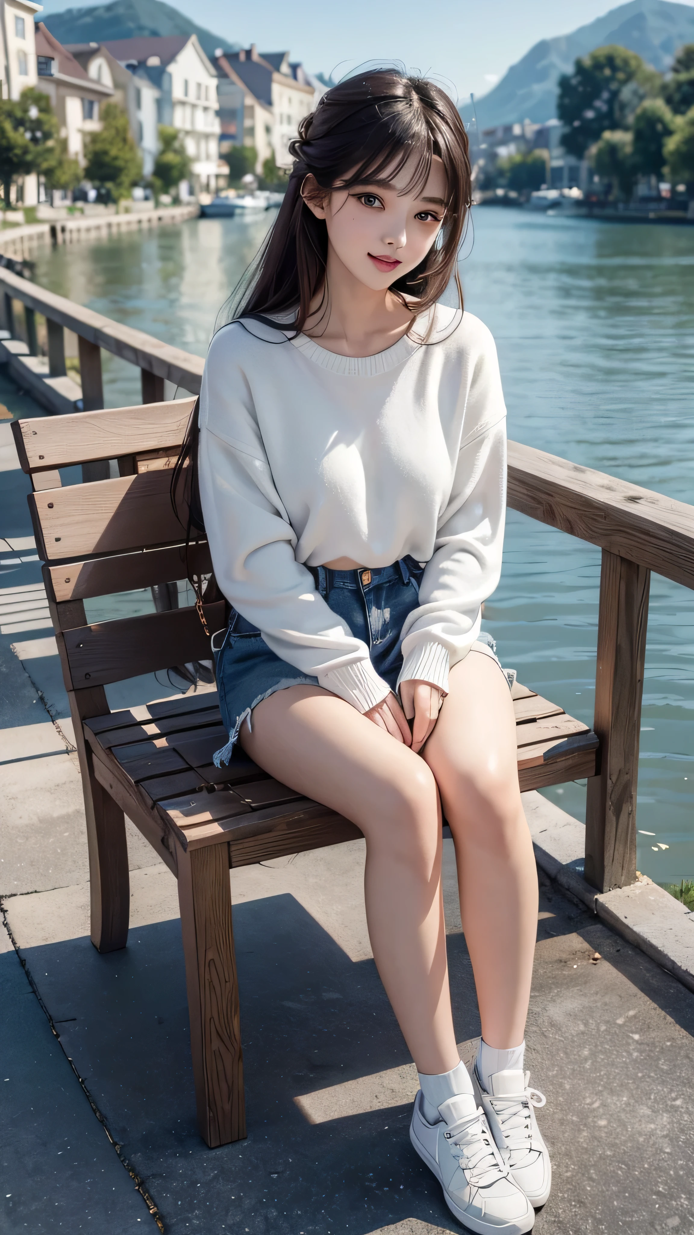 Masterpiece, fine art photography, full body shot, wide angle shot, high quality image, 1 beautiful kpop idol aged 24 years old, mischievous laugh, winking her eye, blushing, soft delicate girl, thin waist, small face, wearing navy oversized cozy sweater, ripped jeans shorts, sneakers, sitting on white lakeside view chairs, lakeside house, GUCCI sunglasses, in a quiet french neighborhood, beautiful clear weather, happy face, tilted head, candid expressions, bangs with pony, lights falling on her hairs, full body, delicate features, pale slender beauty, beautiful detailed eyes, hazel color eyes, modern woman , blur background, cinematic lighting, HQ, 8k high contrast, beautiful lips, chaos 30
