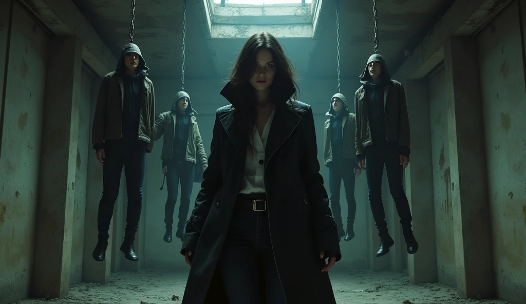 Pria berjaket hitam, in an abandoned room, hanging 4 gangster bodies using chains, realistic gripping