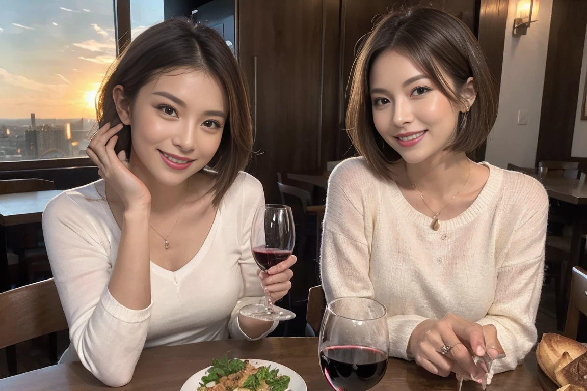 (Realistic:1.1),(masterpiece,Highest quality),8k,(49 years old), 53 years old, ベリーslimボディ、slimカップル、Tight waist,Upper Body,full-course dinner、wine 、Amazing view of the sunset sky and clouds、Perfect Anatomy, Brown Hair, short hair,Random Hairstyles,((Highly detailed face and eyes:1.2)),Perfect golden ratio face,Long sleeve shirt、dress,(smile:1.2)、Shortcuts、cute、(Realistic, Intricate details:1.2), A bright smile、short hair,Bright Face、赤wine 、Appetizers、Italian food、wine bottle、Champagne、スパークリングwine、(slimな顔), (The body is slim), (Brown Hair), (Shortcuts), Upper Body, 白wine, slim, wineグラス,