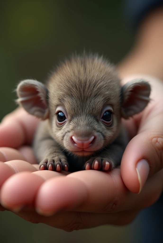 There is a small baby buffalo sitting in a person's hand, a tiny baby buffalo, a tiny animal, sitting on a finger, cute and cute, cute and cute, cute kitty, cute baby buffalo, the photos are very realistic,  Very small, beautiful buffalo picture, just a neat little thing, cute little nose, beautiful and cute, beautiful creature, pretty cute, very detailed photo.