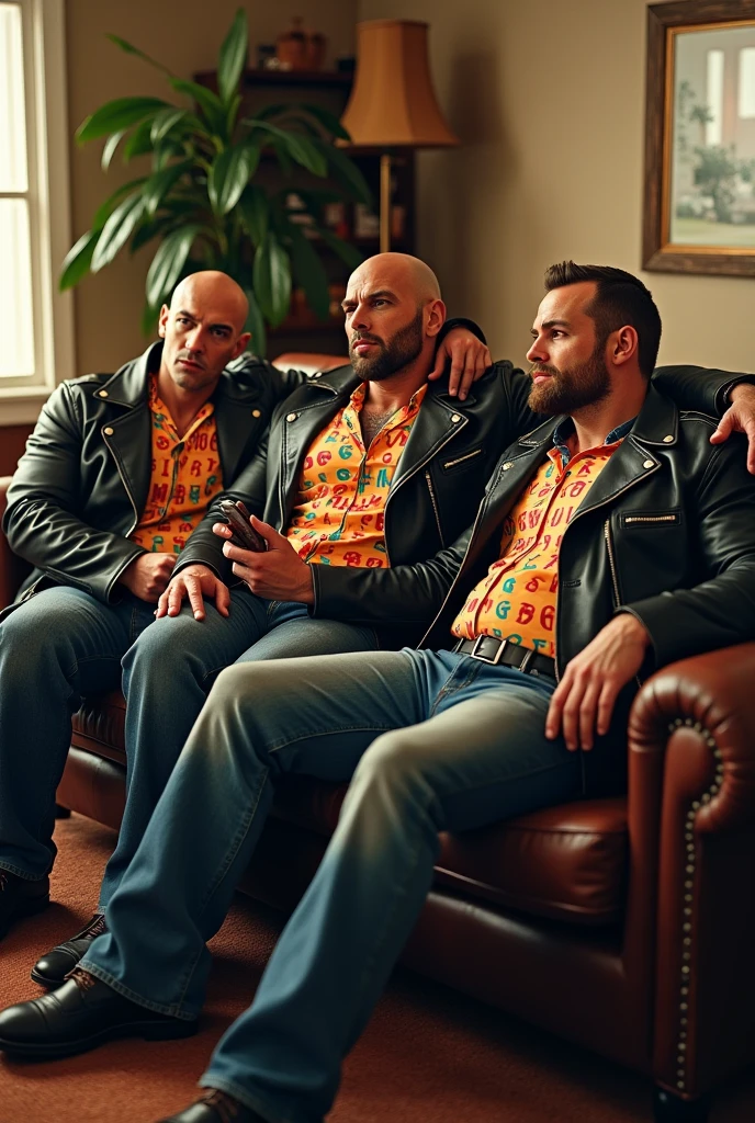 Big giant body builder men wearing black leather jacket on unbuttoned multi colored dress shirt with alphabet prints at home on sofa